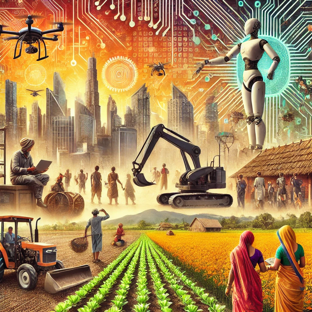 DALL·E 2025-01-06 18.12.34 - A visually striking image depicting the impact of AI and automation on India's labor market. The image features a futuristic cityscape with robotic ar